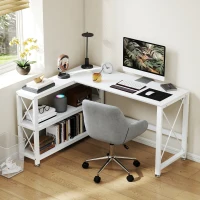 HOMCOM Bureau d'angle modulable réversible, bureau avec rangement, étagère de rangement, cadre en métal, 135x110x75cm, blanc(m-10)