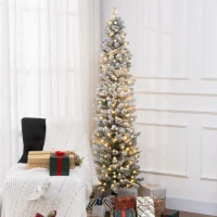 HOMCOM Sapin de Noël artificiel 180 cm avec éclairage LED blanc chaud, 329 branches enneigées, base en métal, réaliste et fin(m-2)