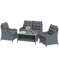 Outsunny 4-Piece Wicker Patio Furniture Set with 2 Armchairs, Loveseat, Glass Coffee Table, Conversation Sofa Set, Dark Grey(m-15)