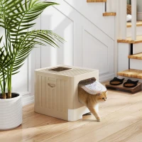 PawHut Cat Litter Box with Lid, Slide-Out Drawer, Scoop, Easy Clean, Odour Control, Anti-Splashing, Khaki(m-10)