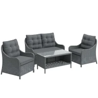 Outsunny 4-Piece Wicker Patio Furniture Set with 2 Armchairs, Loveseat, Glass Coffee Table, Conversation Sofa Set, Dark Grey(m-1)