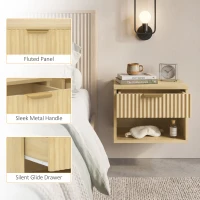 HOMCOM Floating Nightstands Set of 2, Modern Wall-Mounted Bedside Tables with Fluted Drawer and Open Shelf for Bedroom, Oak(m-7)