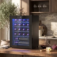 HOMCOM Kleine wijnkoelkast, mini-koelkast voor 20 flessen, 53 liter capaciteit, met glazen deur, LED-verlichting, zwart(m-9)
