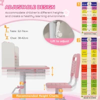 ZONEKIZ Height Adjustable Kids Study Table and Chair Set, with Drawer, Storage Shelf, 80 x 54.5 x 104 cm, Pink(m-6)