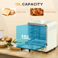HOMCOM 15 Litres Electric Oven, Convection Mini Oven and Grill with 60-230℃ Temperature, Timer, Include Baking Tray, Wire Rack and Crumb Tray, 1000W, Cream White(m-14)