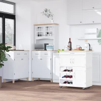 HOMCOM Desserte de cuisine multi rangements 2 placards tiroir casier 9 bouteilles MDF blanc plateau bois caoutchouc(m-10)