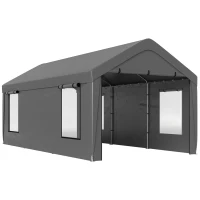 Outsunny Carport tente de garage 3 x 6 m avec parois latérales amovibles, 2 portes enroulables et 4 fenêtres, gris foncé(m-1)