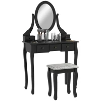 HOMCOM Tocador de Maquillaje con Espejo Giratorio, Tocador con Taburete, 5 Cajones, Patas de Madera, Asiento Acolchado, para Dormitorio, Negro(m-1)