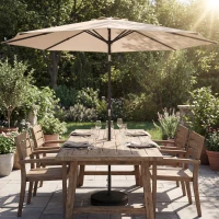 Outsunny 2.7 m Garden Parasol Umbrella with Cross Base and Sandbag, Retractable Ribs, Outdoor Table Market Umbrella, Khaki(m-10)