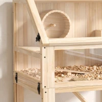 PawHut Kleine Hamsterkooi Compacte 3 Lagen met Vouwbaar Deksel Looprad voor Appartement Natuurhout(m-9)