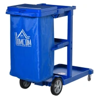 HOMCOM Janitor Cleaning Trolley, with Bin, Shelves and Hooks - Blue(m-11)