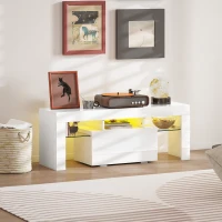 HOMCOM Meuble TV, meuble télé avec éclairage LED RGB, haute brillance, étagères en verre trempé, 120x34x45cm, blanc(m-9)