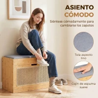 HOMCOM Banco Zapatero Recibidor con Asiento Acolchado Cajón Abatible Puerta de Ratán Estante Ajustable para Entrada Natural(m-6)