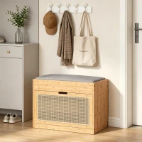 HOMCOM Banco Zapatero Recibidor con Asiento Acolchado Cajón Abatible Puerta de Ratán Estante Ajustable para Entrada Natural(m-9)