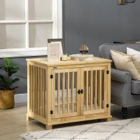 PawHut Wooden Dog Crate, with Double Doors, Cushion, for Medium Dogs - Natural Finish(m-8)