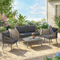 Outsunny 4 Piece Rattan Garden Furniture Set with Loveseat, Armchairs, Wood Table, Wicker Patio Conversation Set, Grey(m-2)