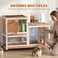 PawHut Clapier Lapin Intérieur sur Roulettes 2 Niveaux, Enclos, Rampe, 2 Portes Verrouillables, 2 Plateaux, 110x50x88cm, Jaune(m-5)