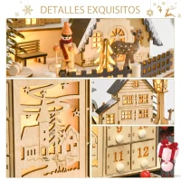 HOMCOM Calendario de Adviento de Navidad de Madera Reutilizable con Luces LED 24 Cajones Escena de Pueblo 25x20x29 cm Natural(m-6)