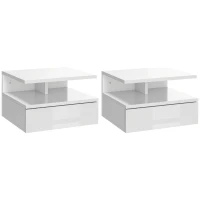 HOMCOM Set de 2 Noptiere Moderne Suspendate cu Sertar și Raft din Lemn 35x32x22,5cm, Alb Lucios(m-1)