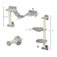 PawHut Four-Piece Cat Wall Furniture with Hammock, Perches, Ladder, Scratching Post, Grey(m-3)