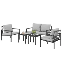 Outsunny 5 Piece Metal Garden Furniture Sofa Set with Thickened Cushions, Loveseat, 2 Armchairs, 2 Coffee Tables, Light Grey(m-11)