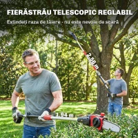 Outsunny Drujbă Telescopică pe Baterie, Drujbă Fără Fir 1,94m/2,56m cu Lubrifiere Automată, Viteză Lanț 6m/s, Pentru Tăierea Arborilor și Crengilor, Fără Baterie(m-4)