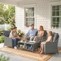 Outsunny 4-Piece Wicker Patio Furniture Set with 2 Armchairs, Loveseat, Glass Coffee Table, Conversation Sofa Set, Dark Grey(m-9)