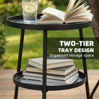 Outsunny Patio Side Table, 2-Tier Round Coffee End Table for Garden Balcony Living Room Bedroom, Black(m-4)