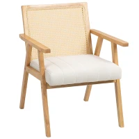 HOMCOM Fauteuil de salon en bois, chaise cannage avec dossier en rotin et coussin rembourré et accoudoirs, bois naturel(m-1)