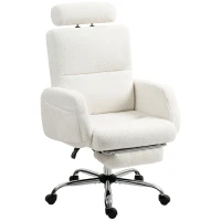 HOMCOM Silla de Escritorio con Reposapiés Tapizada en Borreguito con Respaldo Reclinable Reposacabezas Ajustable Crema(m-12)