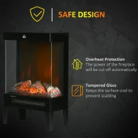 HOMCOM 180° Charming Electric Fireplace Heater, Quiet Freestanding Stove with LED Flame Effect, 3-Sided Tempered Glass Panels, Level-less Temperature Control, Overheat Protection, 1000W/2000W, Black(m-7)