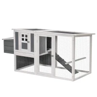 PawHut Chicken Coop with Run Wooden Poultry Cage Hen House w/ Nesting Box Removable Tray Openable Roof Grey 162 x 76.5 x 79.5cm(m-10)