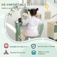 ZONEKIZ Kids Bedroom Furniture Set Includes Bed Frame, Kids Toy Chest, Dressing Table with Mirror and Stoolfor Ages 3-6 Years, Green(m-5)