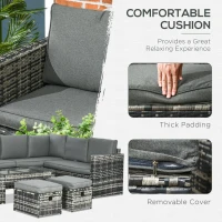 Outsunny 6 Piece Rattan Garden Furniture Set - 8-Seater Outdoor Sofa Sectional with 3 Loveseat Wicker Sofa, Cushions, 2 Footstools, and Glass Table for Yard, Poolside, Grey(m-4)