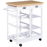 HOMCOM Rolling Kitchen Island Trolley Cart Drawer Shelves Basket Wheels W/  6 Bottle Wine Rack White(m-1)