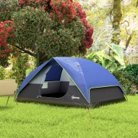 Outsunny Tente de camping 3 personnes, tente dôme familiale imperméable, avec fenêtre, 2 poches, sac de transport, bleu foncé(m-10)