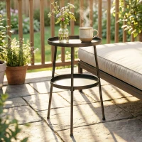 Outsunny Patio Side Table, 2-Tier Round Coffee End Table for Garden Balcony Living Room Bedroom, Black(m-10)