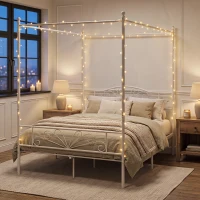 HOMCOM Canopy Bed Frame Double Size, Metal Platform Bed Frame with Headboard and Footboard, Underbed Storage, White(m-9)