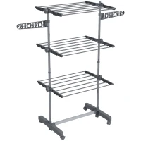 HOMCOM Three-Shelf Collapsing Clothes Horse, With Side Arms and Wheels - Grey(m-1)