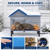 PawHut Heated Cat House Weatherproof w/ Heating Pad, Elevated Base, Escape Door, Cat Winter Shelter for Stray, Barn Cats(m-5)