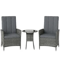 Outsunny Rattan Bistro Set, Reclining Garden Chairs and Glass Coffee Table with Cushions for Patio Balcony Porch, Grey(m-1)