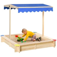 Outsunny Sandpit, Kids Wooden Sandbox with Adjustable Canopy, Bench Seats & Protective Corners for 3-6 Years Boys Girls, 120x120x120cm(m-1)