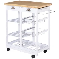 HOMCOM Rolling Kitchen Island Trolley Cart Drawer Shelves Basket Wheels W/  6 Bottle Wine Rack White(m-10)