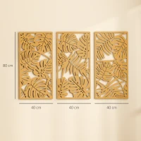 HOMCOM Ensemble de 3 Décorations Murales en Bois 3D, 40 x 80 cm, Feuilles Tropicales, Effet Bois Naturel(m-3)