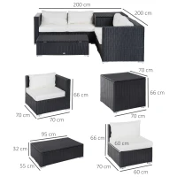 Outsunny 6 Pieces Rattan Garden Furniture Set, 4 Seater Wicker Garden Corner Sofa Set with 2 Storage Tables and Loveseats, Outdoor Conversation Furniture with Cushions for Conservatory, Patio, Black(m-3)