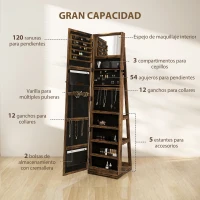 HOMCOM Espejo Joyero Giratorio 360° Armario para Joyas con Cerradura y Espejo Pequeño Incorporado 38x38x160 cm Marrón Rústico(m-5)