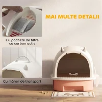 PawHut Litieră Închisă pentru Pisici cu Tavă Extractibilă, Lopățică și Filtru cu Carbon Activ, Roz(m-7)