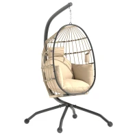 Outsunny Silla Colgante con Soporte Cesta Plegable Cojín y Reposacabezas para Interior y Exterior Carga 120 kg Caqui(m-1)