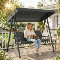 Outsunny Three-Seat Garden Swing Chair, with Adjustable Canopy - Dark Grey(m-9)