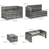 Outsunny 6 Piece Rattan Garden Furniture Set - 8-Seater Outdoor Sofa Sectional with 3 Loveseat Wicker Sofa, Cushions, 2 Footstools, and Glass Table for Yard, Poolside, Grey(m-3)